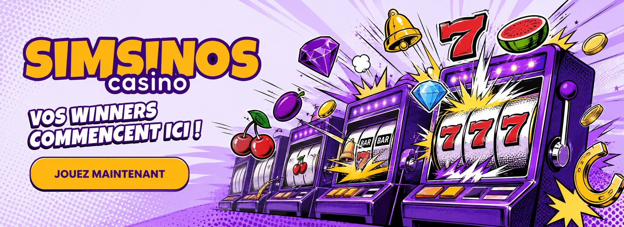 Mur de jeux du casino en ligne Simsinos avec machines à sous, tables en direct et offre d'accueil de 500 €